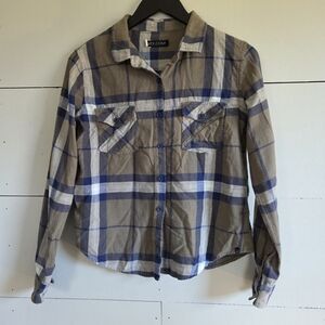 Volcom Men's Plaid Cotton Flannel Button-Up Shirt S Brown Blue White Long Sleeve